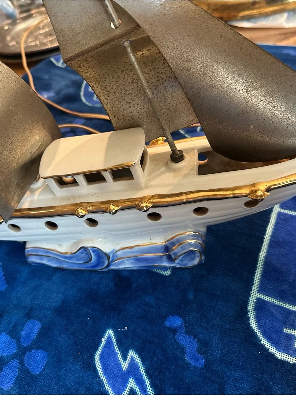 Vintage 1950’s tv lamp Sailboat Figurine with Metal Sails - White, Blue & Gold
